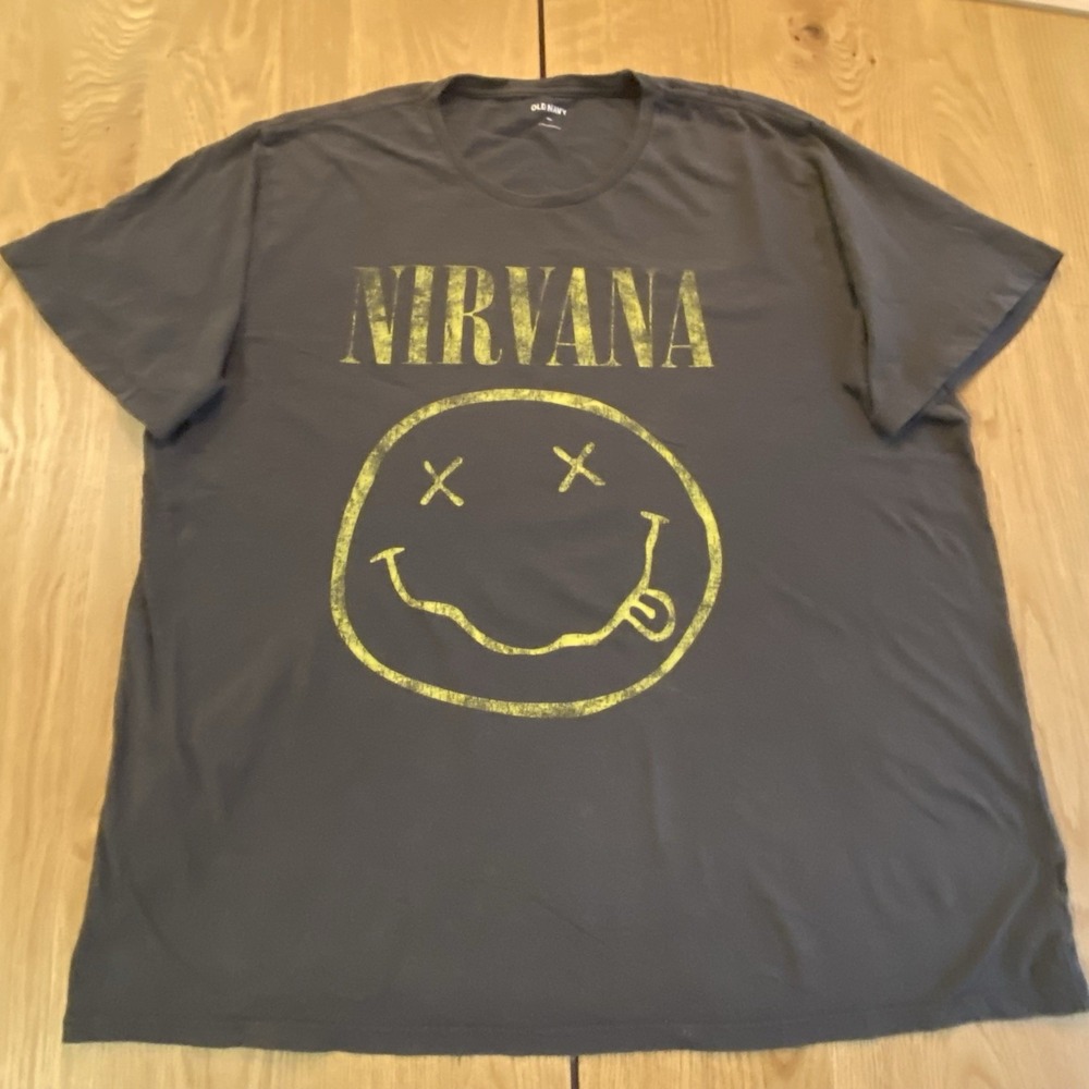 Old Navy T-Shirt Mens XXL Round Neck Graphic Print Nirvana Smiley Face Black